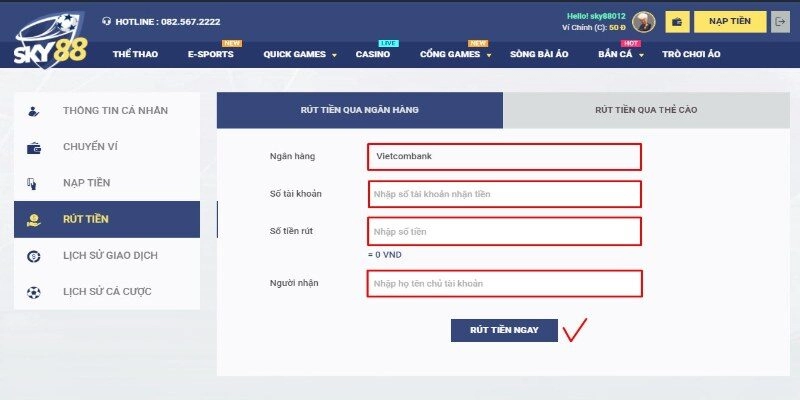 Rút tiền Sky88 qua ngân hàng là hình thức phổ biến